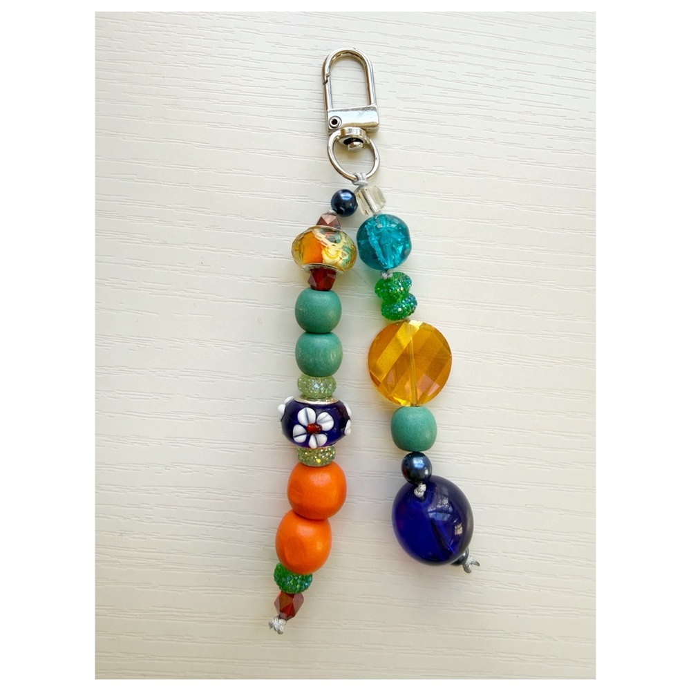 Handmade Beaded Colorful Bag Keychain Charm - Teal, Orange, Blue Wood Glass